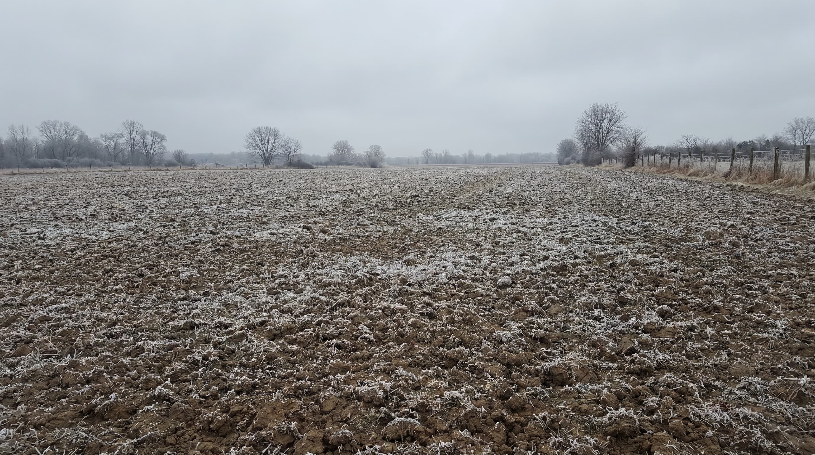 Bereiftes, kahles Ackerfeld im Spätwinter unter grauem Himmel