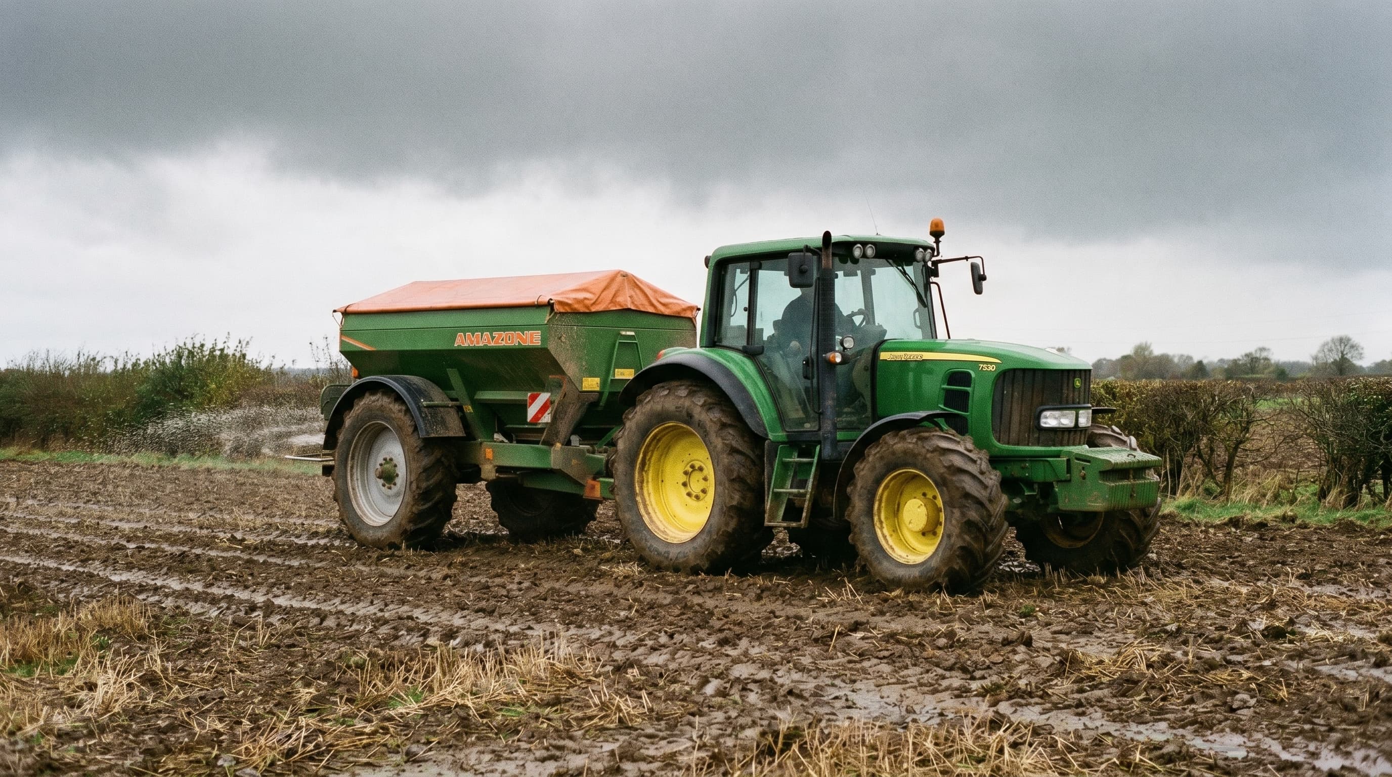 Traktor mit Düngerstreuer auf einem Acker